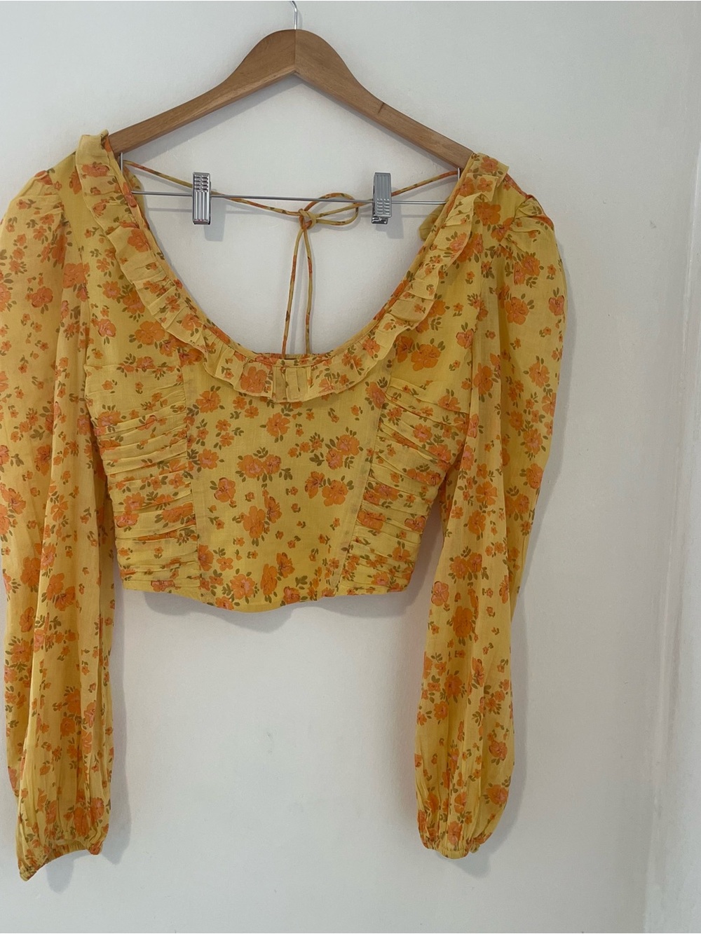 Free People Boho Yellow Festival Floral Ruffle Long-Sleeve Crop Top